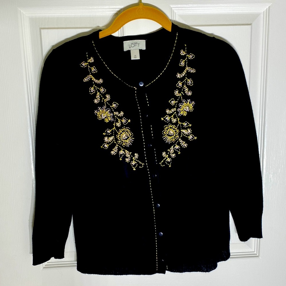 Ann Taylor Loft - black cardigan w/ gold and ivory detail